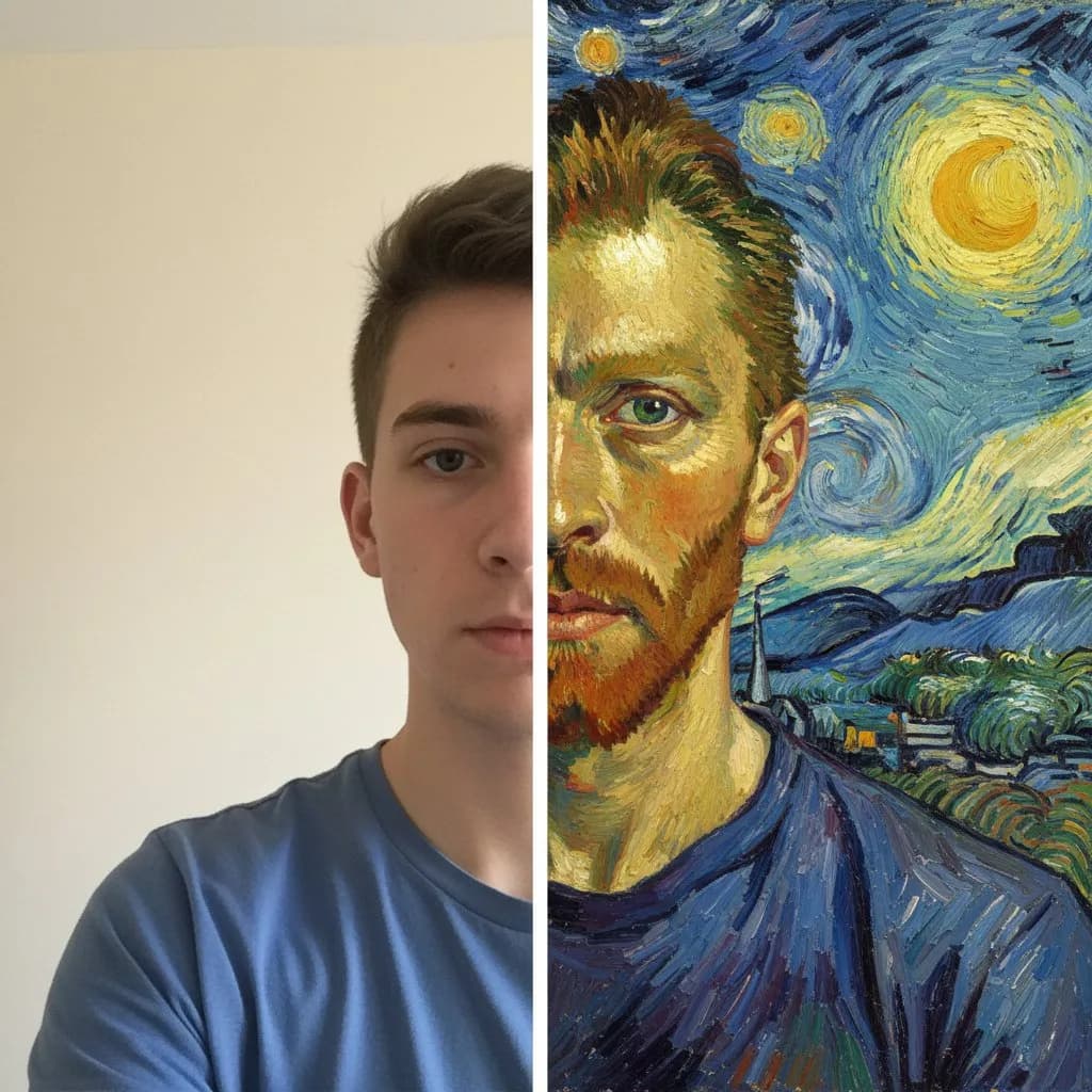 До и после: портрет обрабатывается в стиле Ван Гога с помощью ИИ