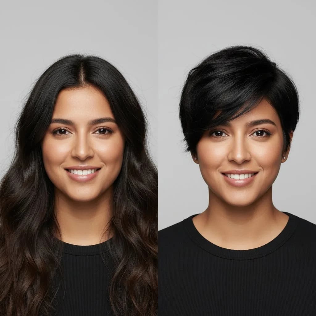 До и после: длинные волосы меняются на пикси-стрижку через нейросеть