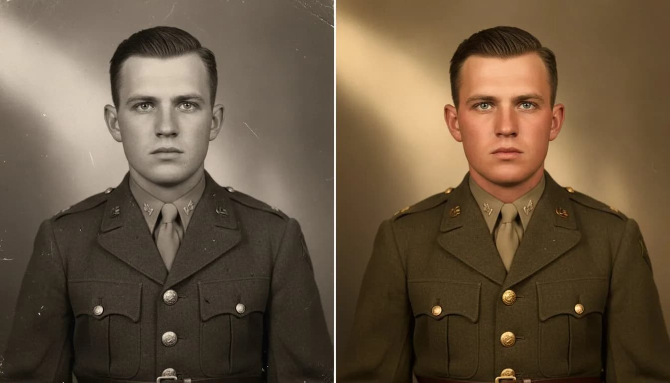 Военный портрет до и после раскрашивания — колоризация фото бесплатно