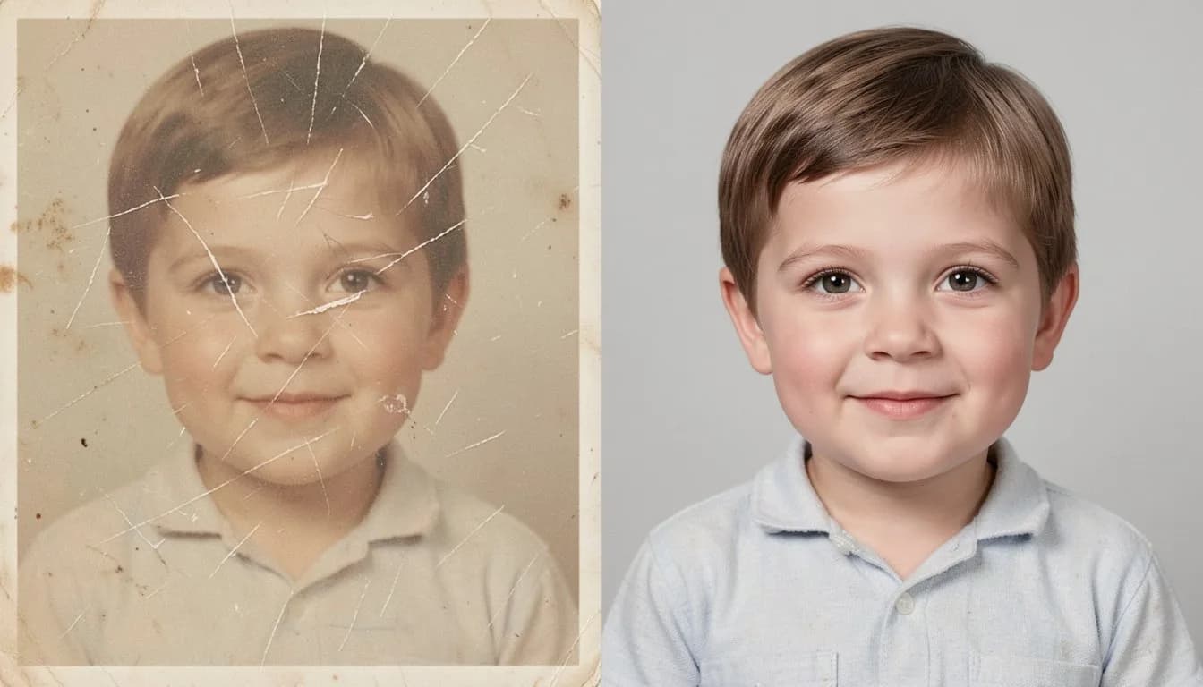 Реставрация детского фото 1970-х — до и после: царапины убраны нейросетью