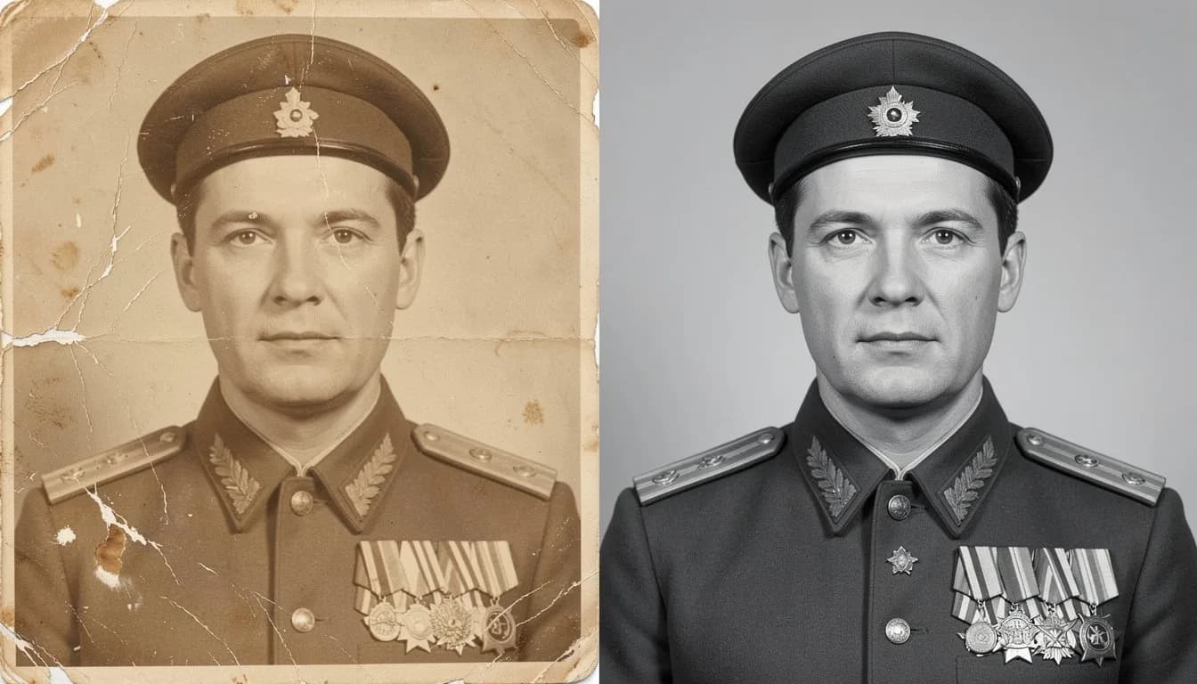 Реставрация советского военного портрета — до и после: царапины и пятна устранены нейросетью