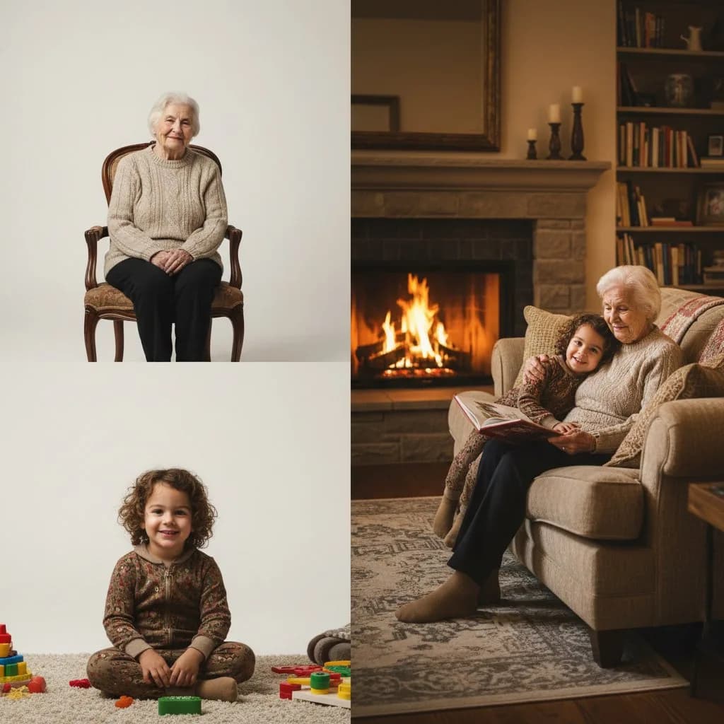 Бабушка и внук вместе — AI объединяет два раздельных фото в уютную семейную сцену