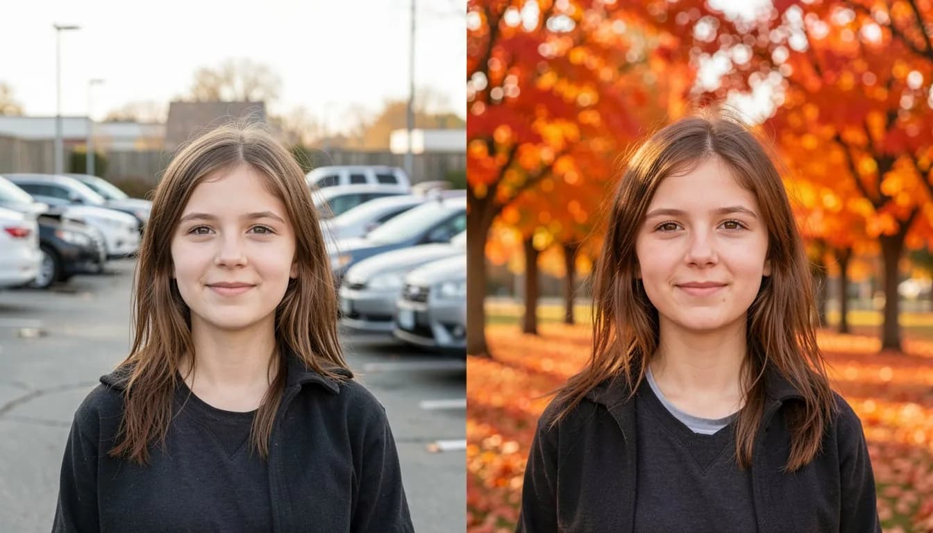 Смена фона с парковки на осенний парк — AI замена фона на фото