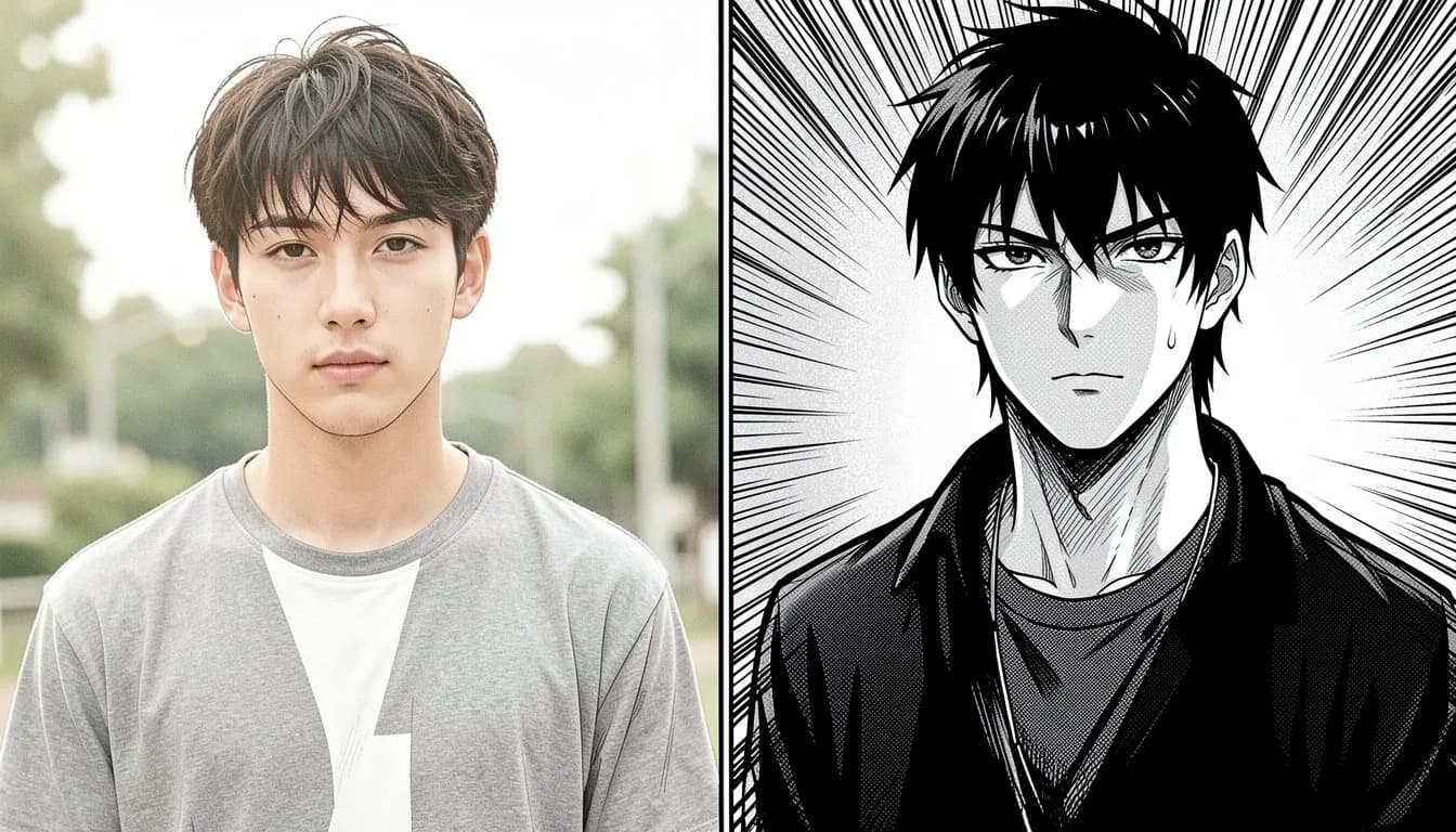 Мужской портрет в стиле манга — до и после обработки нейросетью