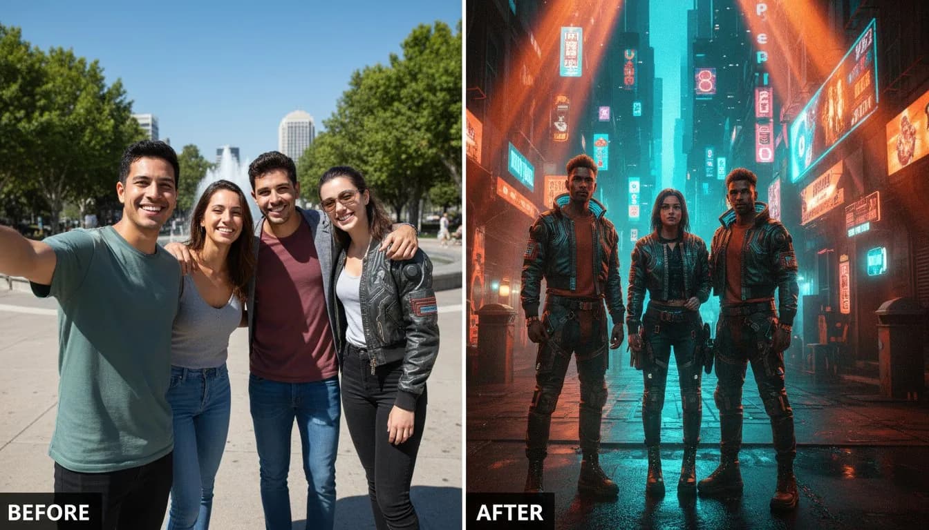 Групповое фото до и после стилизации в киберпанк-неон — нейросеть бесплатно