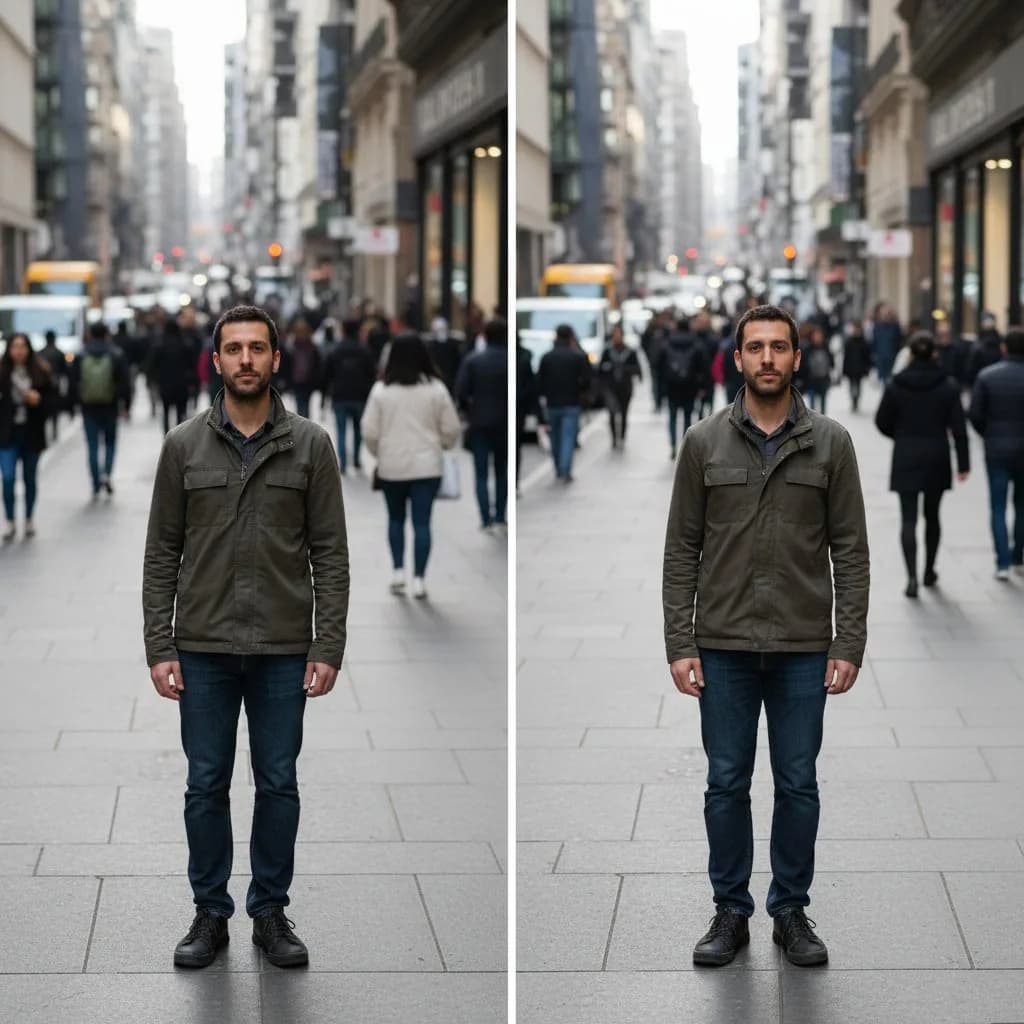 До и после — убрать толпу с заднего плана портрета, AI заполнение фона